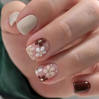 Fall Press on Nails Short Coffin Fake Nails Brown&Cream White Flower With Glitter Designs Glue on Nails Autumn Winter False Nails Cute Petite Floral Nails Stick on Nails for Women Manicure 24Pcs