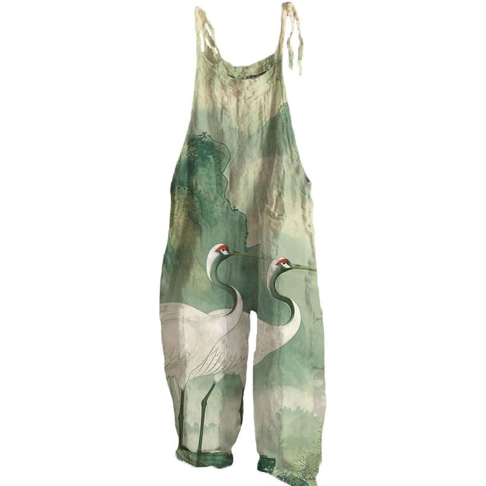 Tuta Estiva Bohémien In Lino Per Donna – Salopette A Gamba Larga Con Stampa Floreale E Spalline Sottili (Taglia Large, Verde Scuro)