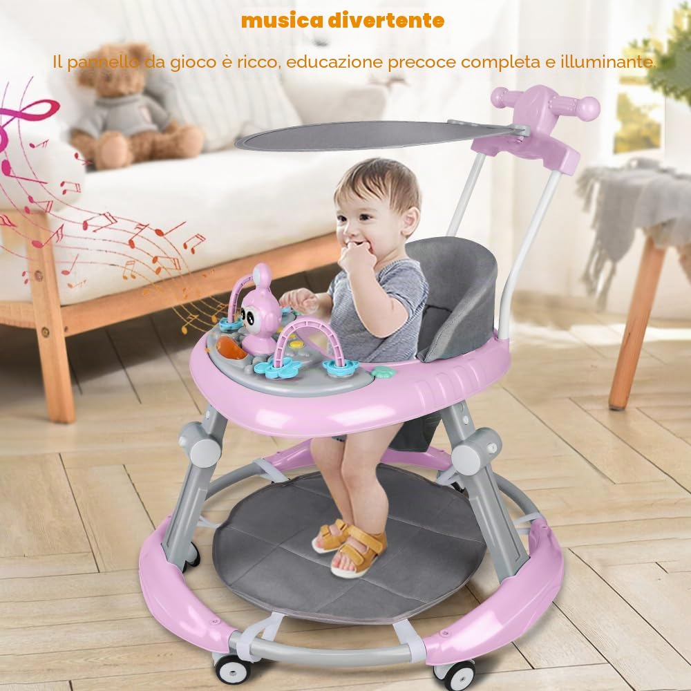 Girello pieghevole per neonati da 6 a 18 mesi, girello per bambini ragazzi e ragazze, barra di spinta alta + cappotta girevole a 360° + musica, 67 x 67 x 79 cm, rosa