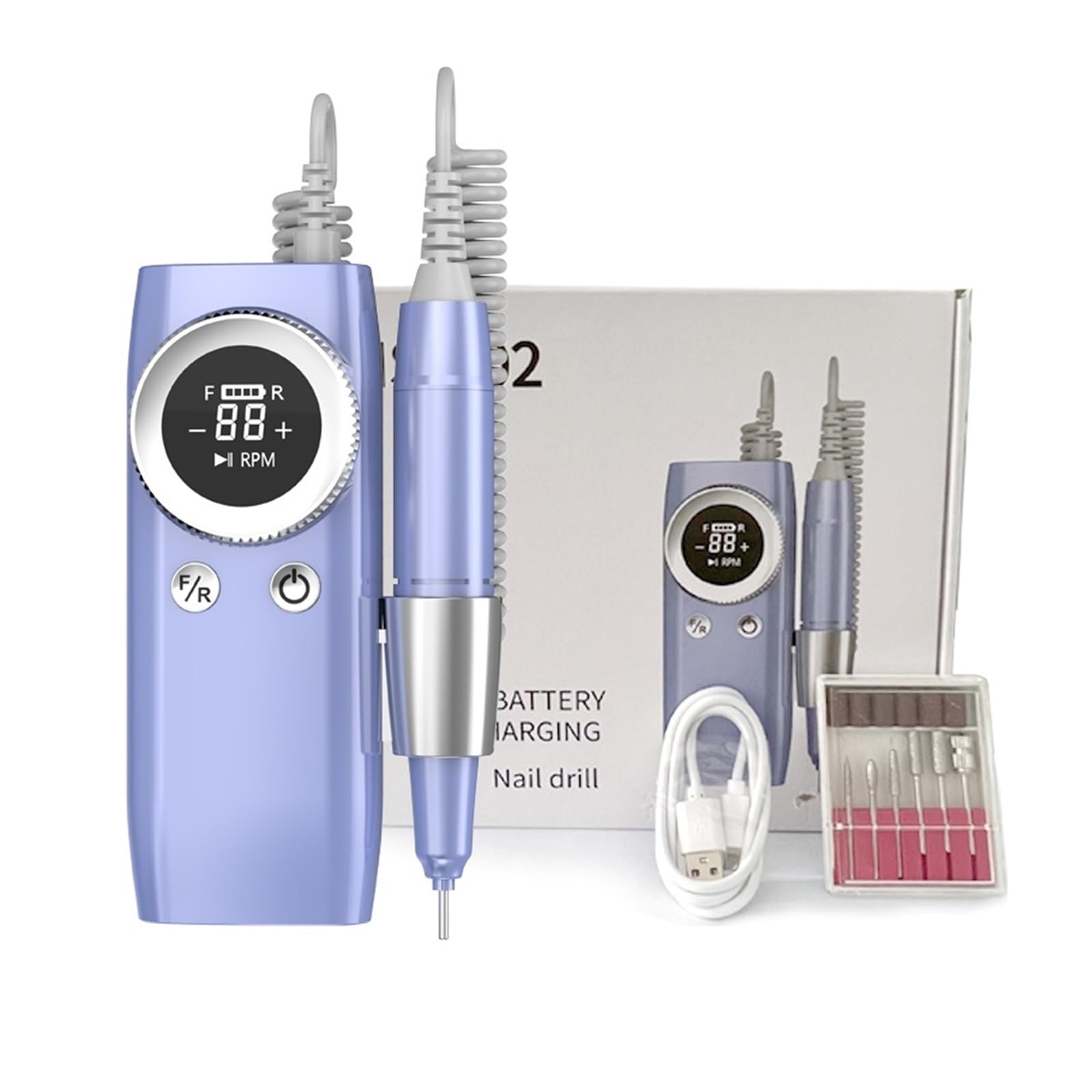 Taladro de uñas 45000RPM for manicura con pantalla LCD, lijadora , torno recargable, taladro eléctrico inalámbrico for Gel ,Baja vibración(Blauw)