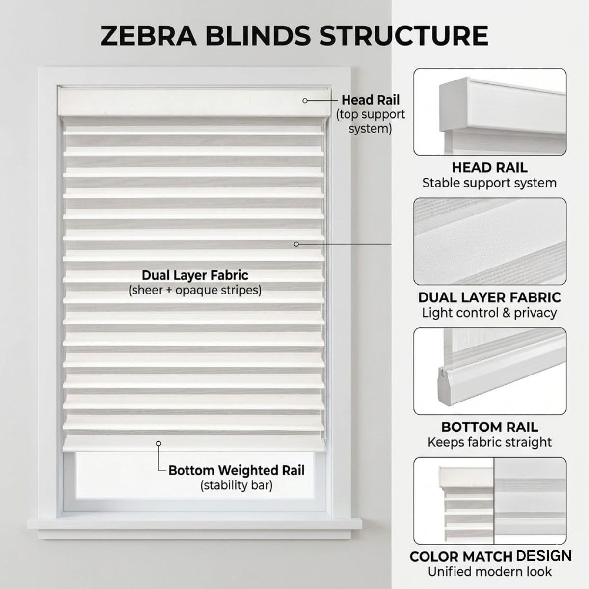 Store Double Enrouleur Jour Nuit avec Perçage et Tissu Anti Chaleur | Store Zébré pour Balcon ou Porte, Rideau Tamisant, Protection Soleil, Naturel, 33x213 cm, 41x213 cm(Blanc,W30cmxH122cm)