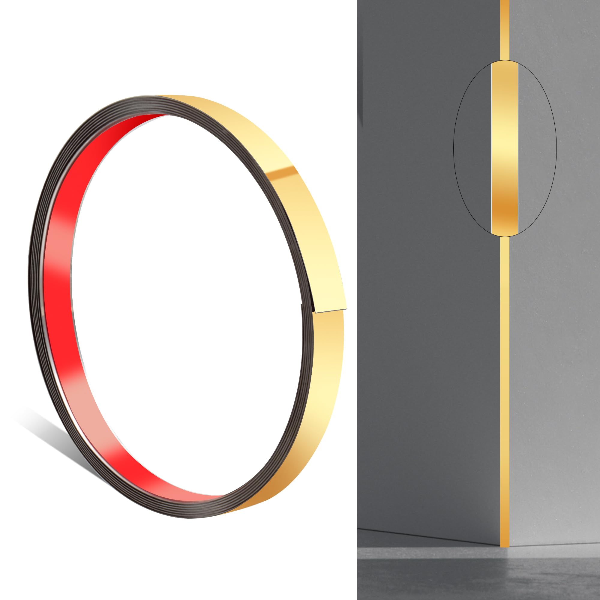JUNART 300cm×2cm in Acciaio Inox Parete Modanatura Ttrim, Peel and Stick, Flessibile Autoadesivo Metallo Trim per Caminetti, Cornici per Specchi, Pareti, Soffitti, Piastrelle(Oro)
