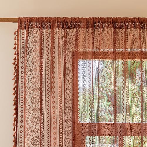 Image of MYSKY HOME Terracotta Boho Lace Sheer Curtains 96 inch Length 2 Panels Burnt Orange Floral Vintage Bohemian Crochet Geometry Curtains with Tassels for Living /Dining Room Rod Pocket Home Decor, 55 inch W