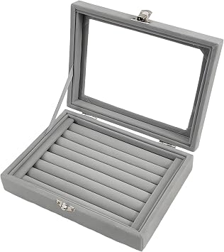 elvet Jewellery Box, Jewellery Rings Box, Rings Organiser, Storage Tray Holder with Glass, Grey