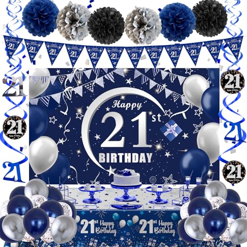 21st Birthday Decorations for Him Her, 21st Birthday Banner Backdrop Balloons Blue and Silver, Happy 21 Bday Decorations for Men Banners Tablecover Triangle Flag, 21 Year Old Bday Gifts Party Supplies