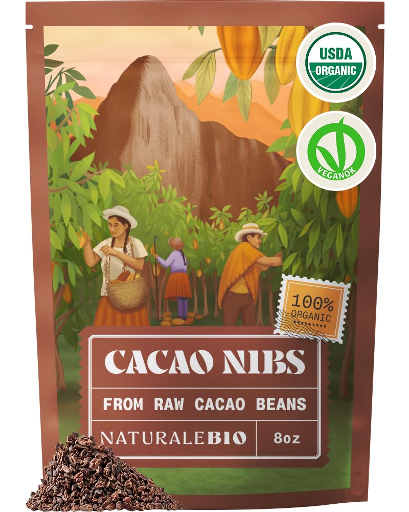 NaturaleBio Cacao Nibs Organic 8 oz. Unsweetened, Non-Alkalized and Pure. Sugar-Free Dark Chocolate Chips Substitute. Non-GMO, Gluten Free, Tested for Heavy Metals. From Raw Cacao Beans