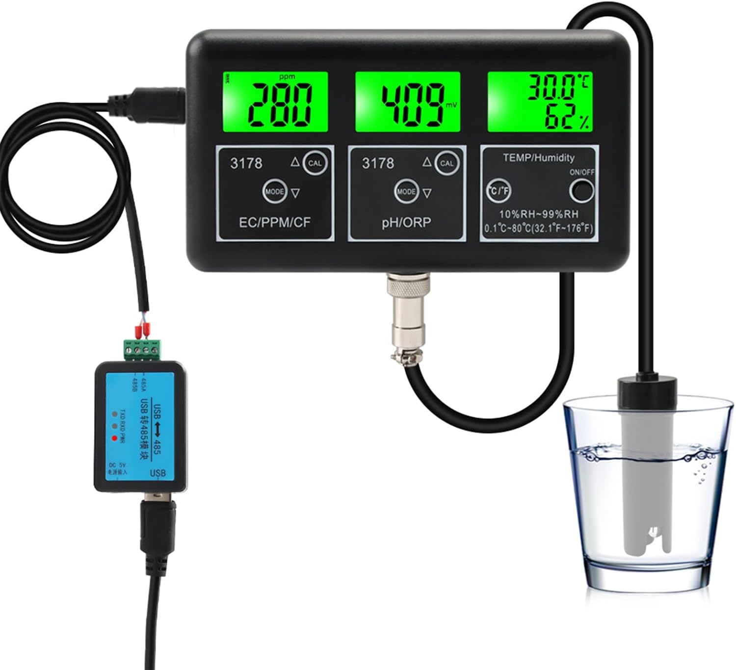 7 in 1 PH Meter for Water Digital Water Quality Tester EC//PH/CF/ORP/Temperature/Humidity Meter with RS485 Communication Module and Removable Electrode for Drinking Water P Aquarium