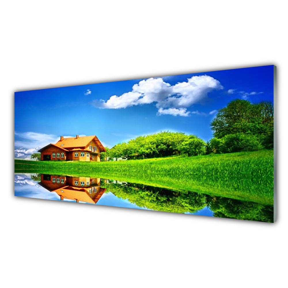 Tableau mural moderne Tulup en verre trempé 125x50cm avec motif imprimé de maison sur le lac