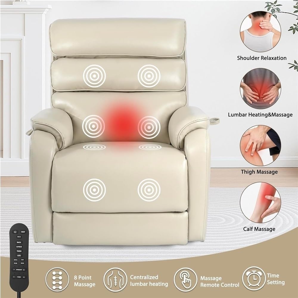 Dual Motor Power Lift Recliner for Elderly Heavy Duty Electric Leather Massage Chair with Heat Lay Flat Adjustable Sleeper and USB Charging Ports White Living Room Furniture