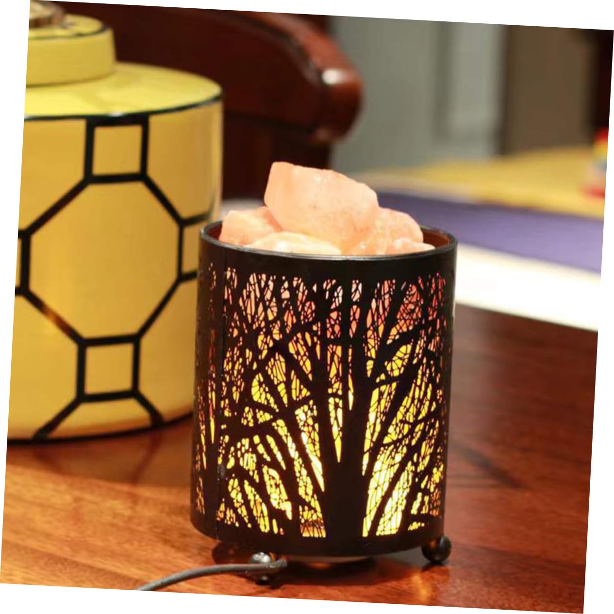 Lampe à Sel Décorative Élégante en Fer, Cylindre Noir, avec Ampoules
