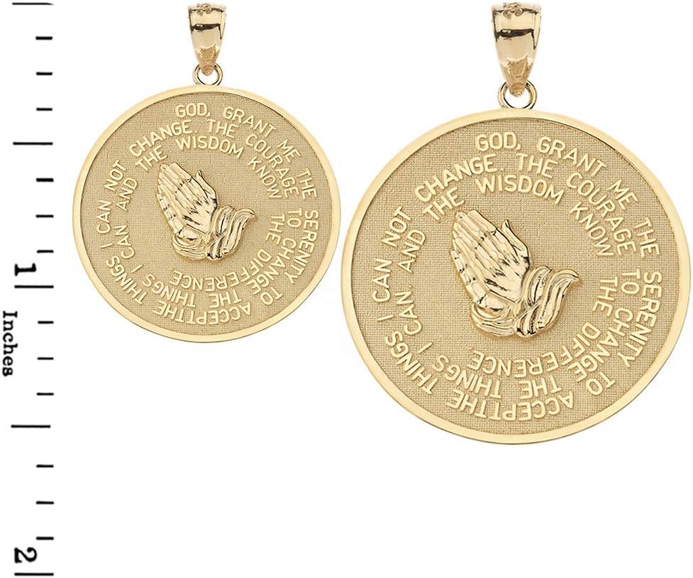 Solid 14k Yellow Gold Serenity Prayer with Praying Hands and Lord's Prayer Medal Pendant Necklace Sizes (S-L) - Your Choice of Chain Lengths