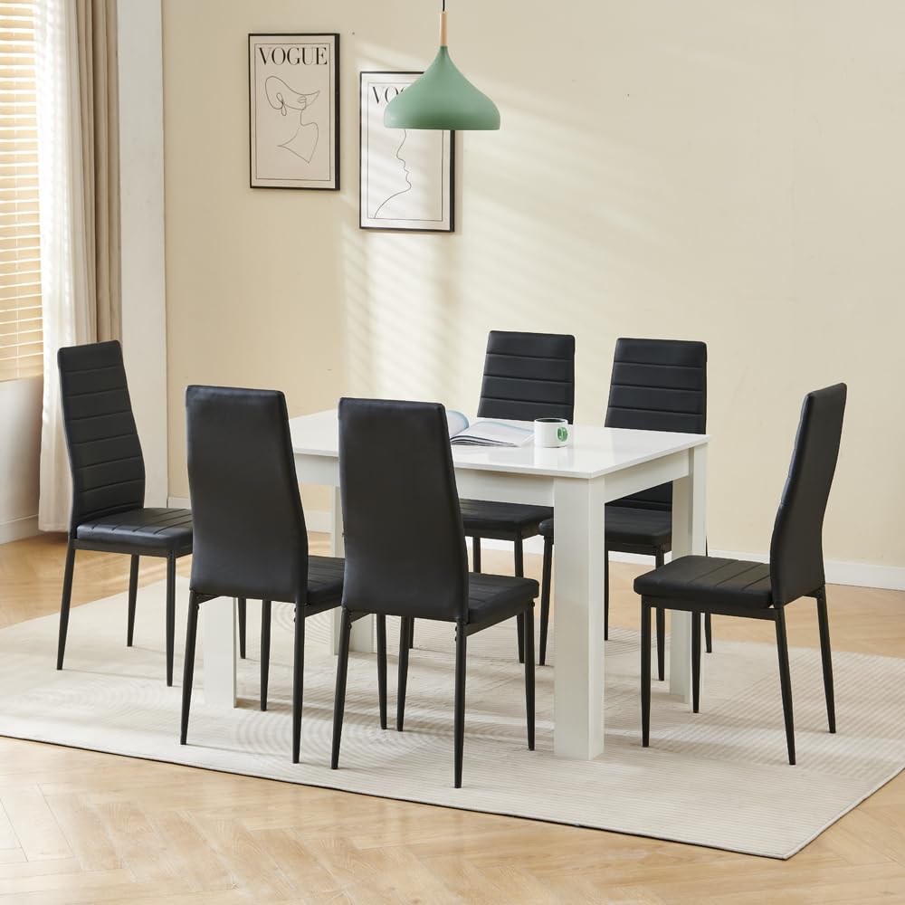 Menaka Black Wood Dining Table and Chairs Set of 6, Small Rectangular Kitchen Dinner Table with 6 Seaters (Line Black Leather Chairs, 120m high gloss white table, 6 seaters)