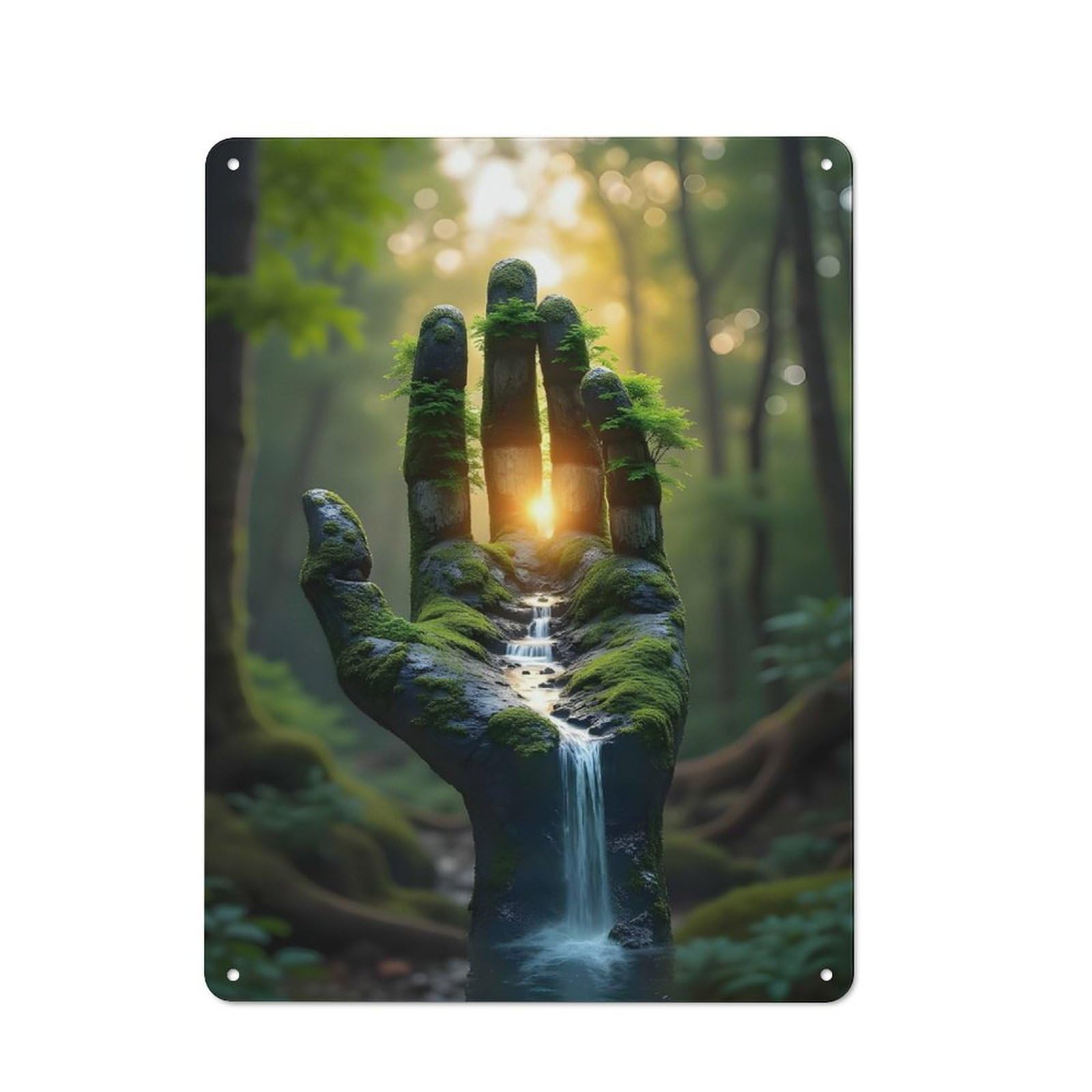 Junmoney Mossy Hand Waterfall In Forest Tin Sign With Design 40X30cm, Classic Studio Wall Plaque For Workspace, Cafe, Shop Or Desk Area