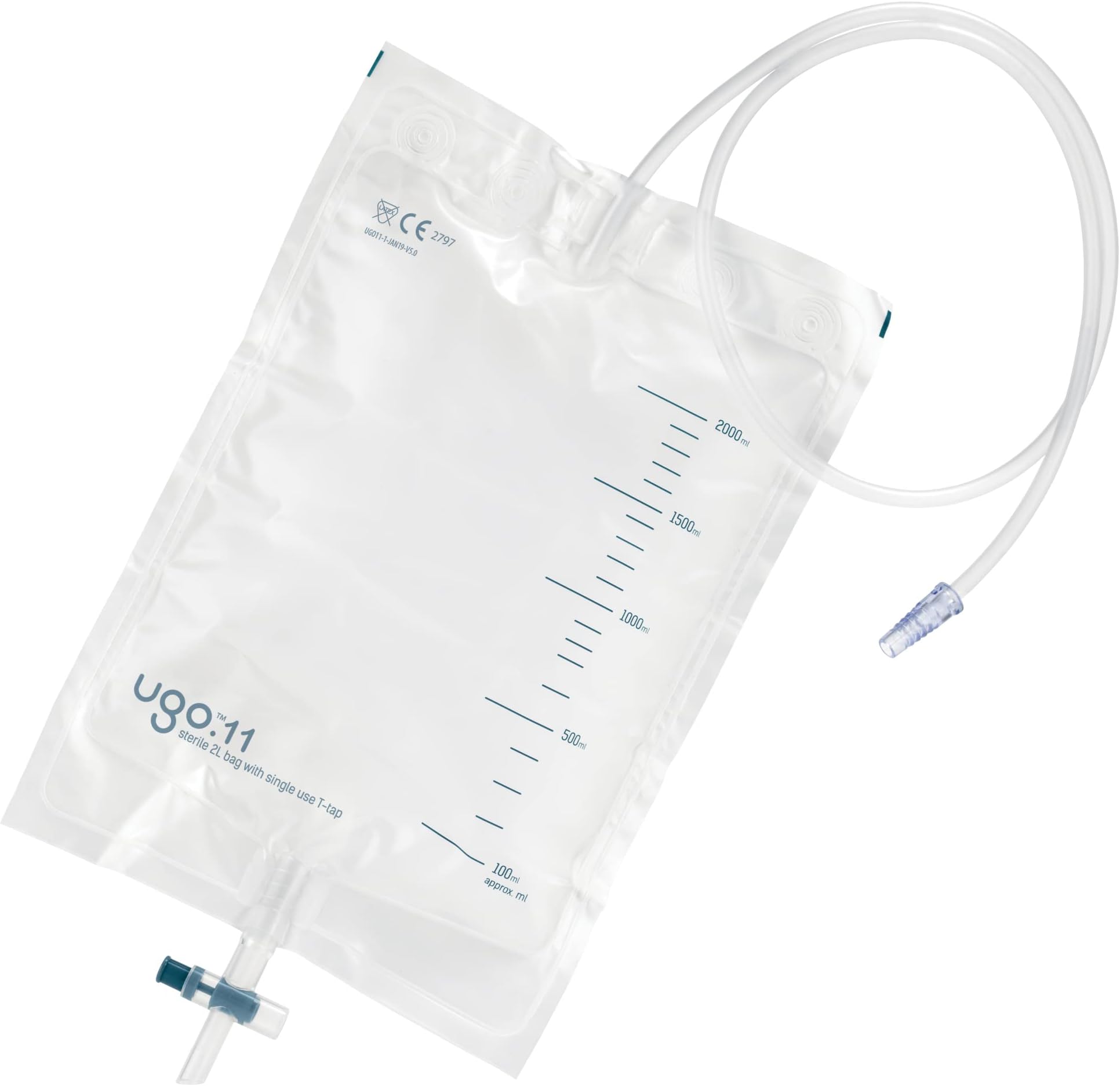 Ugo 2L Night Bags (x10) – Urine Drainage Bags/Catheter Night Bags, T Tap or Lever Tap with Kink Free Connection (Pack of 10) (Ugo 11 - Single Use T Tap, Sterile)
