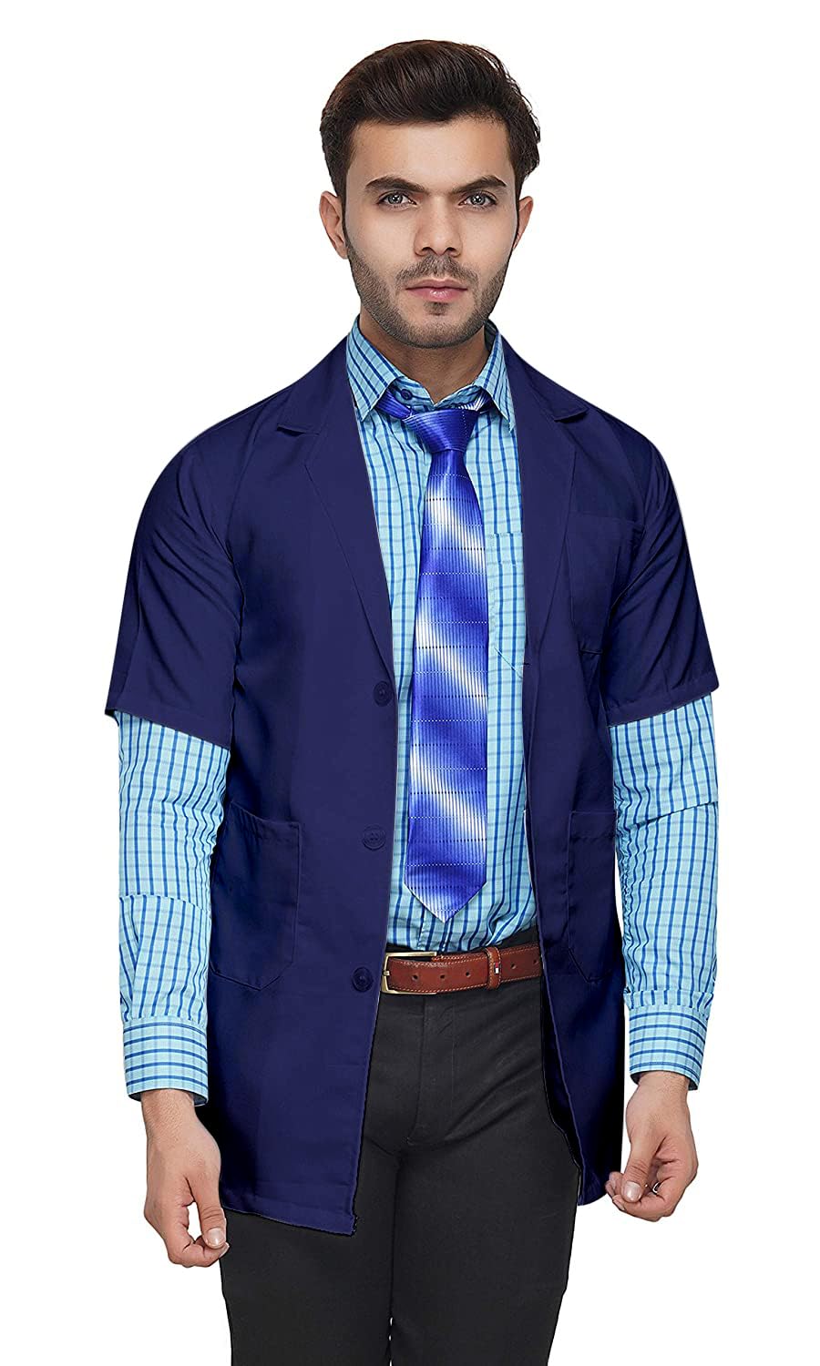 Medifiber™ Unisex Navy Blue Lab Coat | Poly Viscose Short Sleeves Medical Apron | 3 Pockets Apron Lab Coat, Uniform for Doctors, Nurses, Dentists, Anti Wrinkle | Industrial Wear