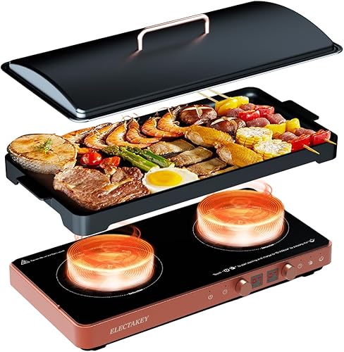 ELECTAKEY Placa de inducción con 2 quemadores y sartén extraíble de hierro fundido antiadherente, doble quemador con doble control de temperatura