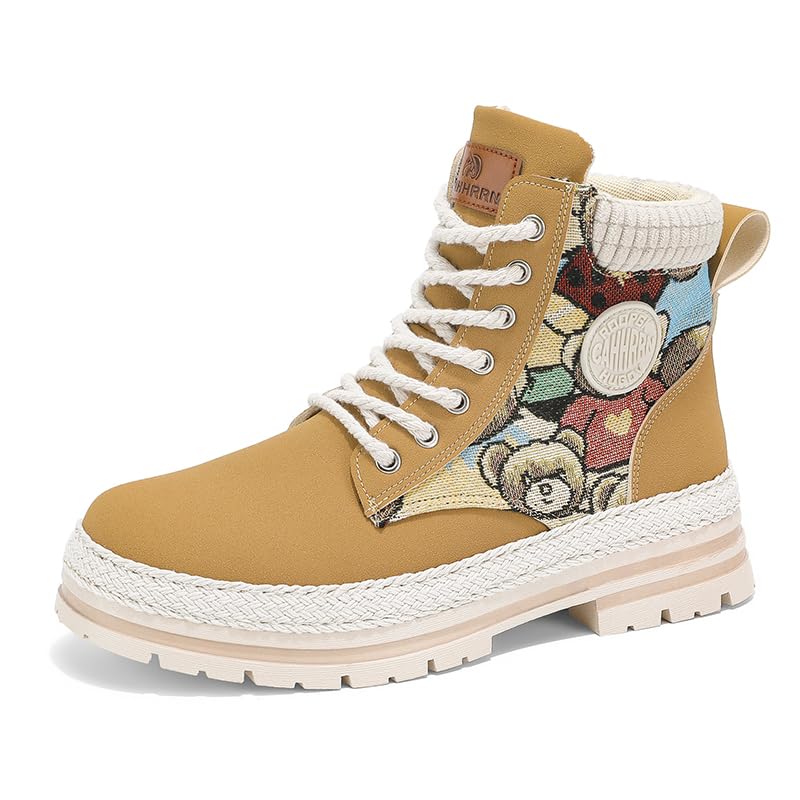 Designer Combat Boots with Teddy Bear Pattern, Lace-Up Platform Ankle Boots, Available in Beige, White, Black, Canvas Leather