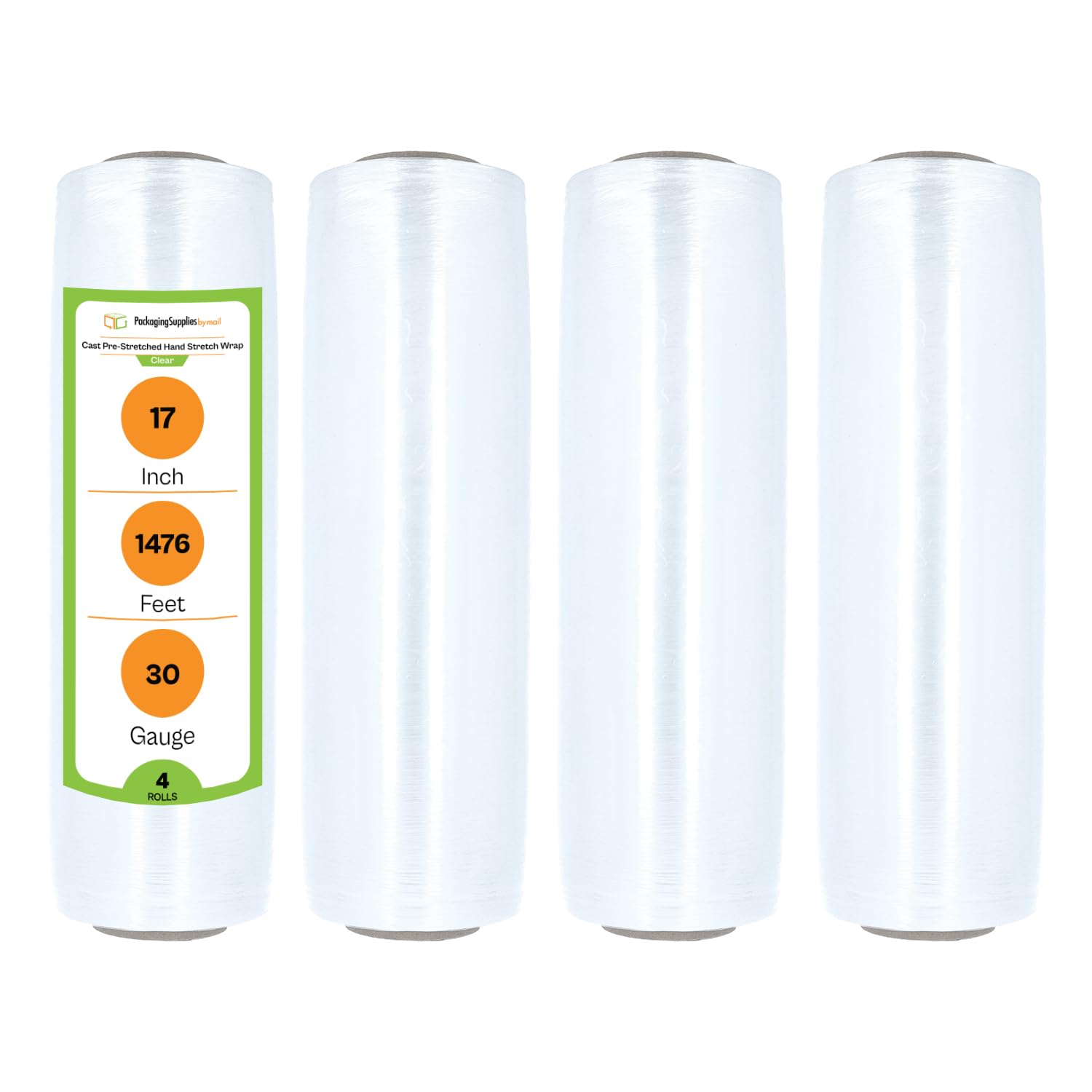 PSBM 4 Rolls 17 Inch x 1476 Feet 30 Gauge Pre-Stretched Film/Wrap, Industrial Strength Clear Shrink/Plastic Wrap for Moving, Packing, Shipping, Pallet