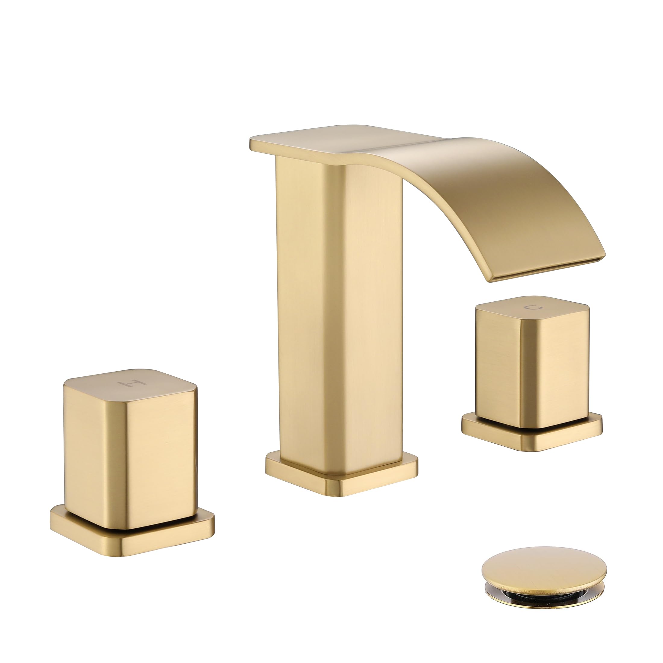 RUMOSE Brushed Gold Bathroom Faucets Set With Pop Up Drain Single Handle Bathroom Sink Faucet 1 & 3 Hole Waterfall Spout Vanity Faucet Kit With Deck - View #6