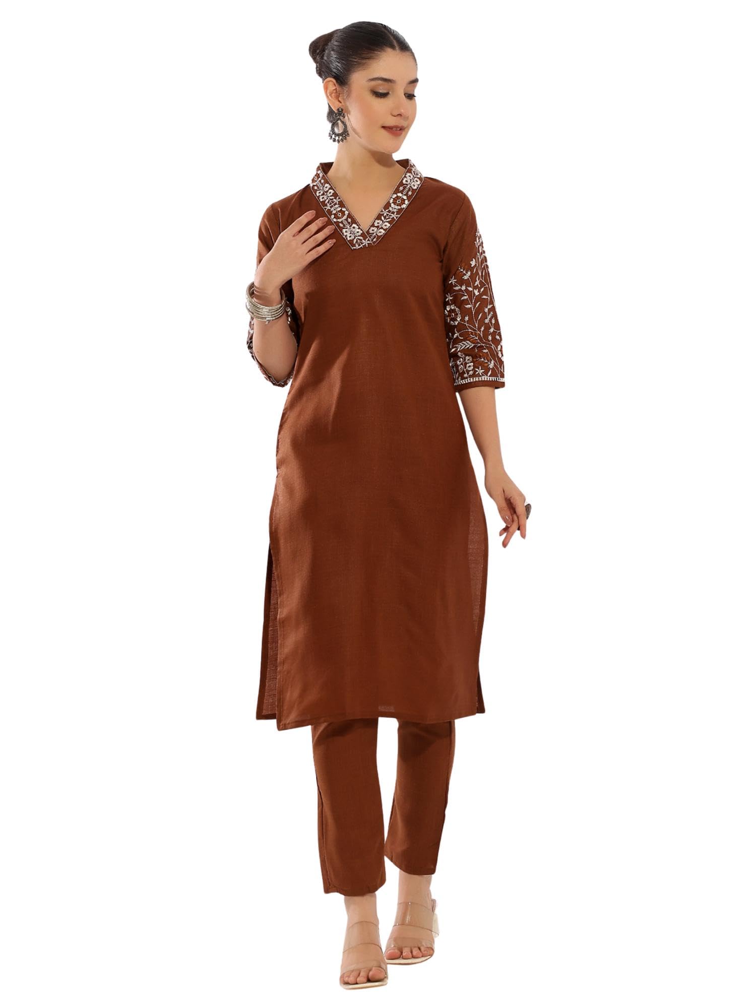 Women Cotton Kurti for Women | Embroidered Floral Kurta | 3/4 Sleeve Straight Kurti | Daily Outfit | Office Kurta|| Kurta Set with Pant-image-41