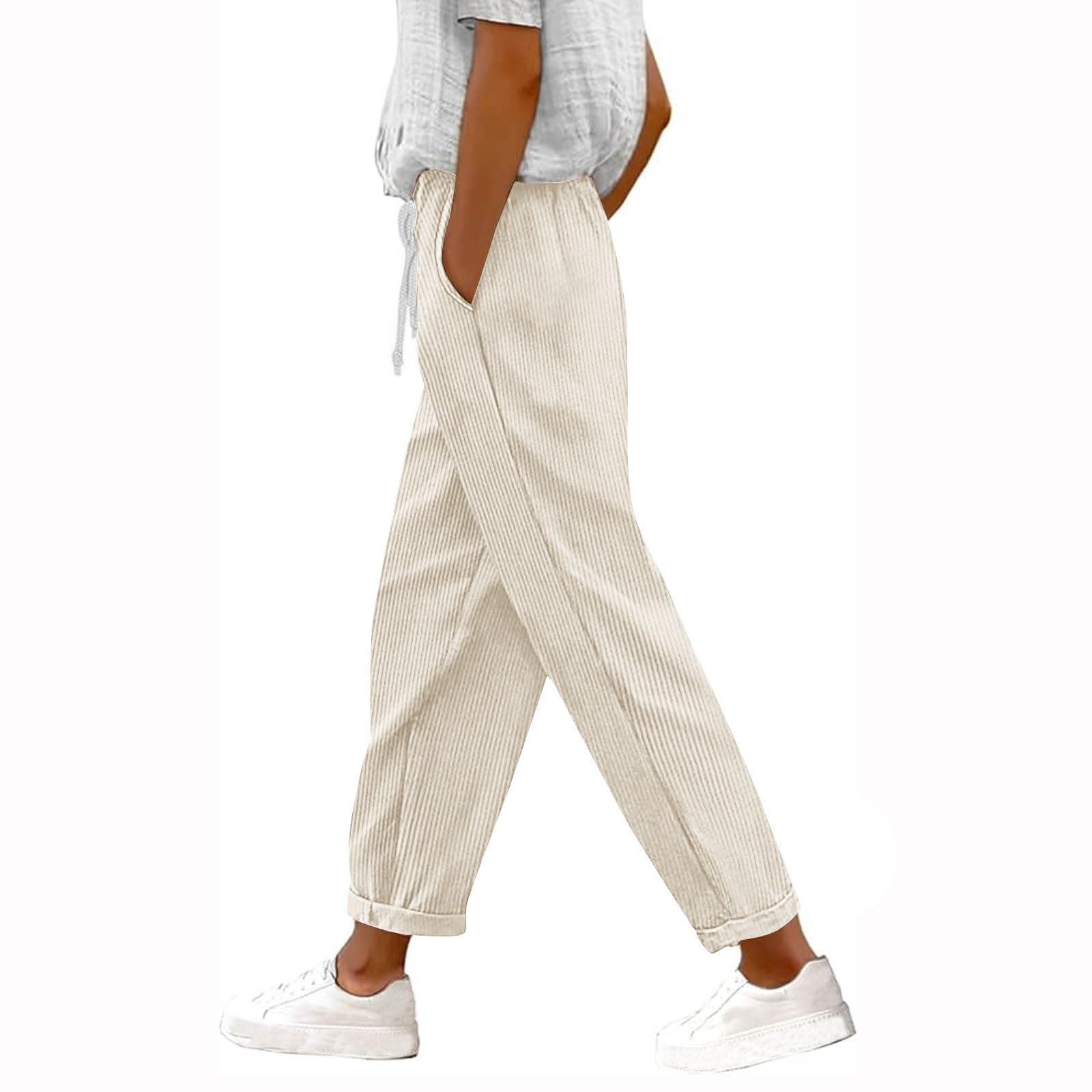 Comfy Corduroy Casual Pull On Pants for Women 2025 Fall Winter Cropped Pants Baggy Loose Slacks with Pockets