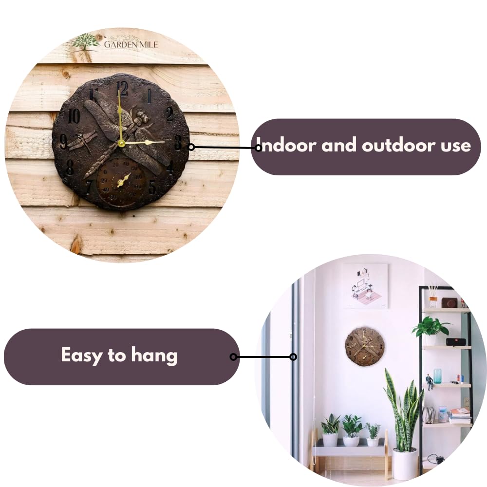garden mile Reloj de Pared de libélula rústica Vintage Cocina, salón, jardín o terraza, con termómetro de Pared Moderno