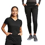 Cherokee Women Scrub Set V-Neck Scrub Top WW601, with Mid Rise Scrub Jogger Pants WW115