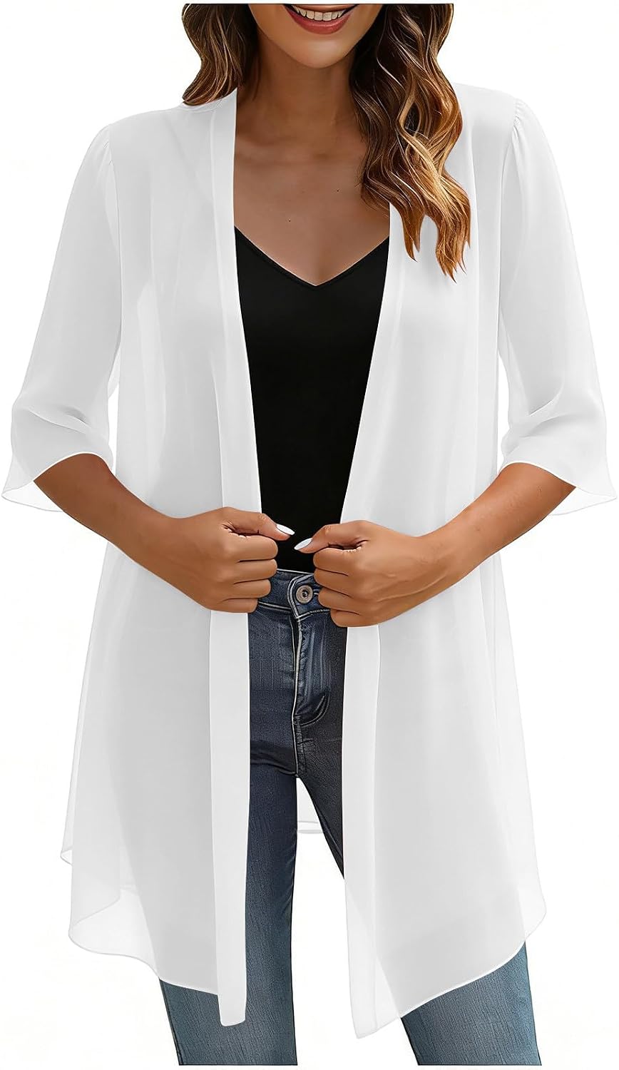 Womens Kimono Beach Cover up Chiffon Cardigan Loose 3/4 Sleeve Summer Tops Short Shrugs Solid Casual Long Cardigans