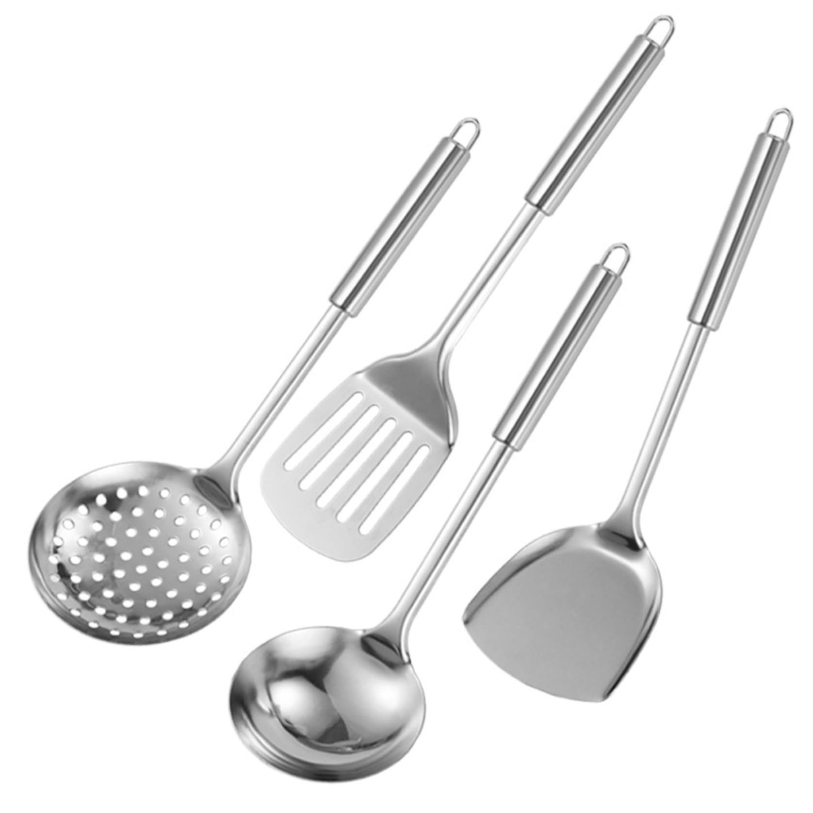 Tsawntd Spatulas, Stainless Steel Spatula Set, 4-Piece Kitchen Utensil Set with Hollow Handle for Cooking, Metal Cooking Utensils (Soup Ladle, Turner, Spatula, Skimmer)