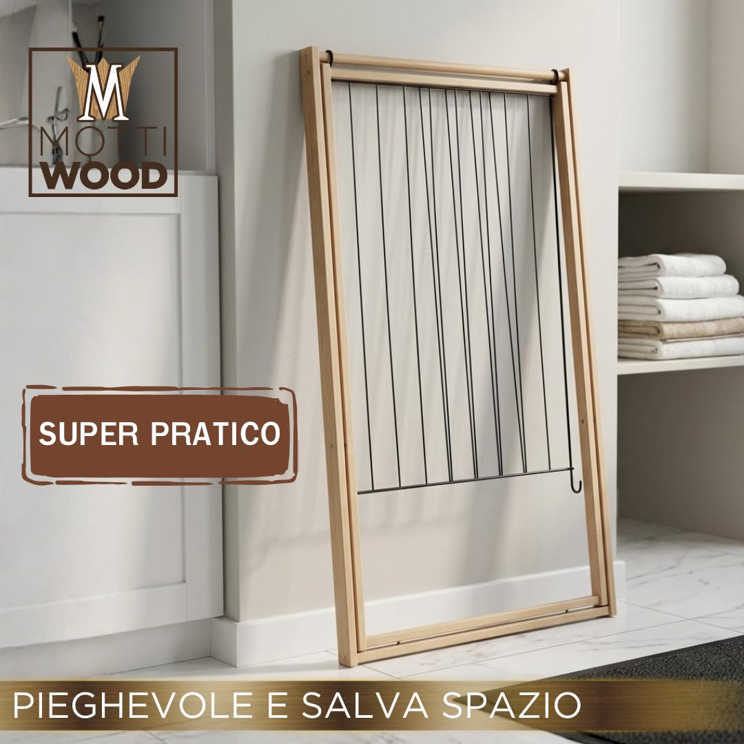 Premium Wäscheständer platzsparend, 8 m Aufhängungsfläche, Wäscheständer mit faltbarer Metallgitter, Größe 92x67x92 cm, Wäscheständer aus Buchenholz, hergestellt in Italien