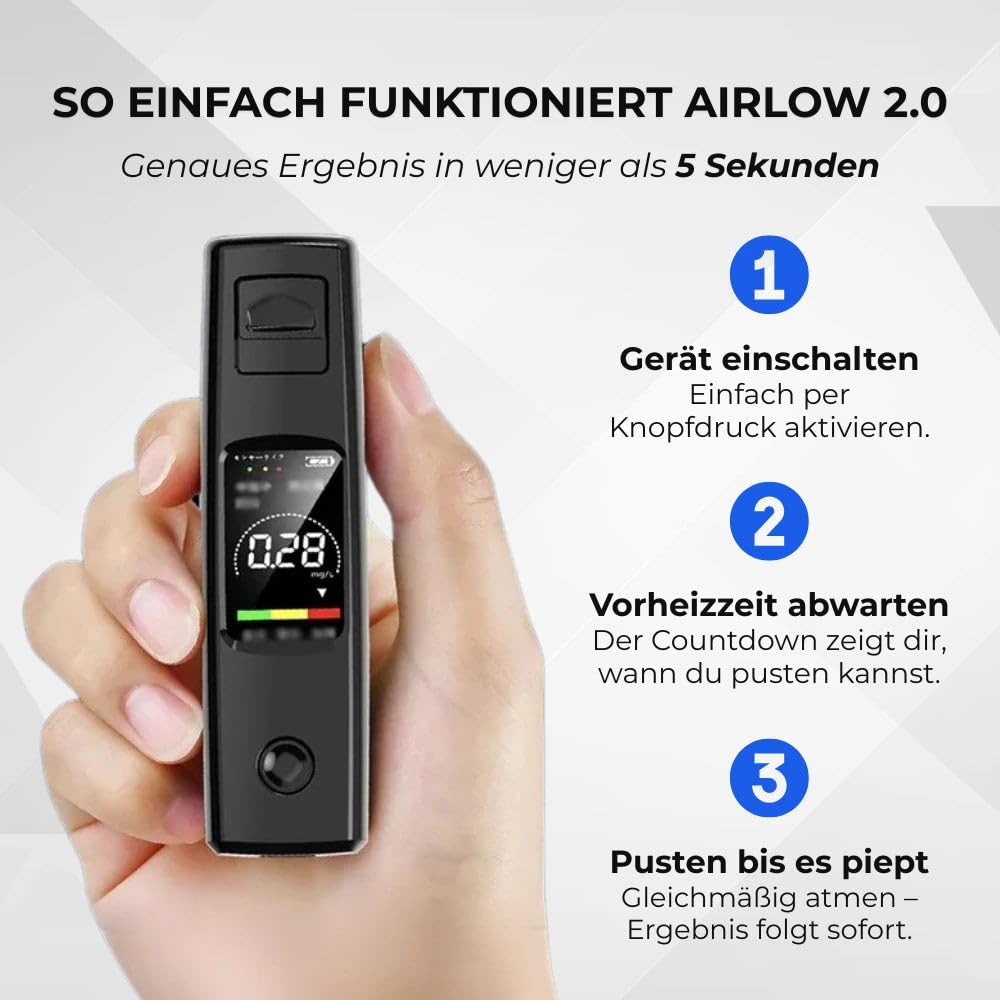 MEIION tinuvo Airlow 2.0 - Präziser Alkoholtester für deinen Alltag Hochpräziser Alkoholtester mit LCD-Anzeige für exakte Promillemessung – Professionelles, tragbares Messgerät zur Alkoholmessung
