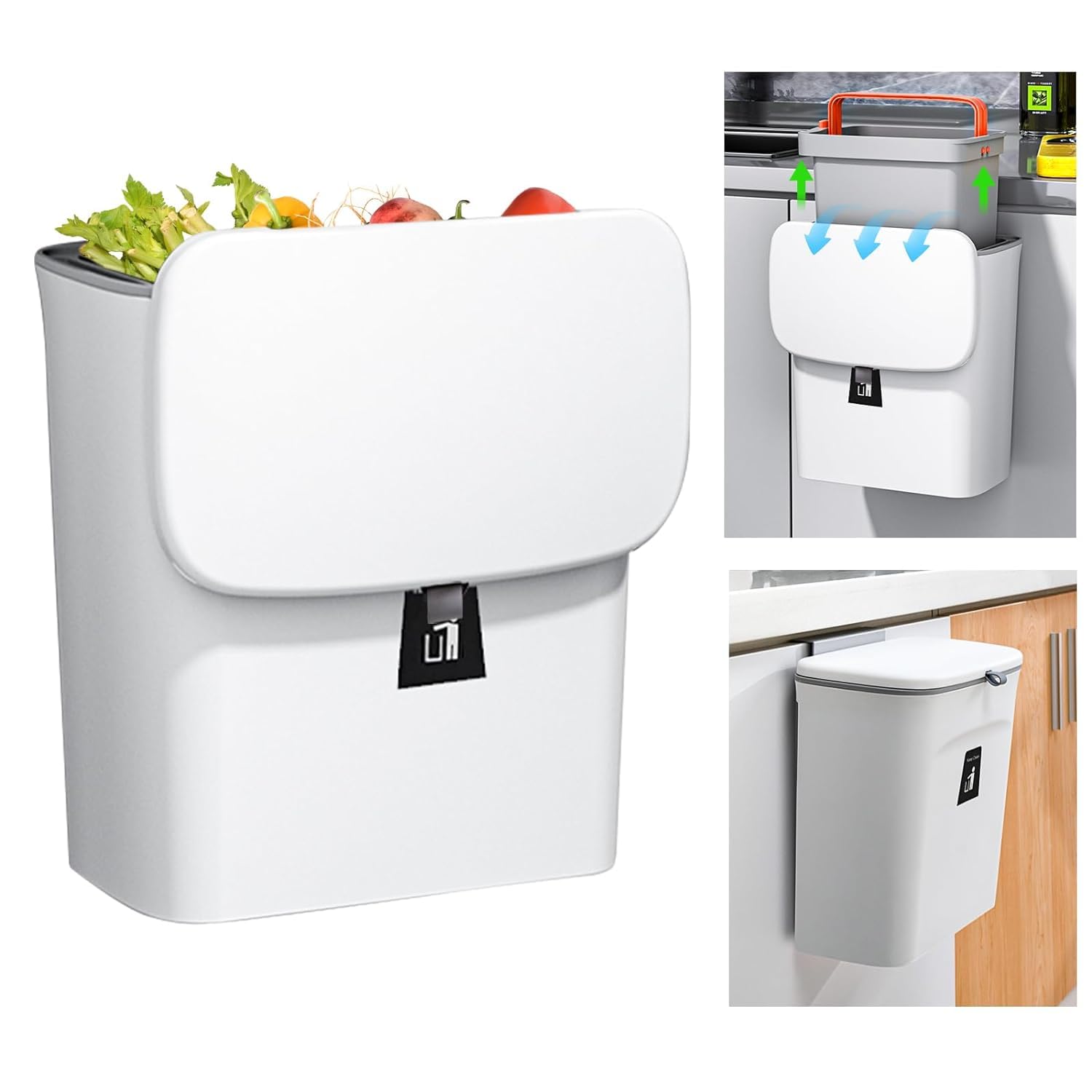 NAWOKEENY Hanging Kitchen Bin with Sliding Lid, 9L Kitchen Cabinet Door Wall-Mounted Garbage Can, Small Under Sink Trash Can for Kitchen, Bathroom, Bedroom, Living Room, Office