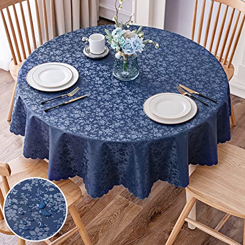 Image of Smiry Round Table Cloth, Waterproof Heavy Duty Vinyl Tablecloths, Wipeable Washable Table Cover for Kitchen and Dining Room (Navy Blue, 70 inch x 70 inch)