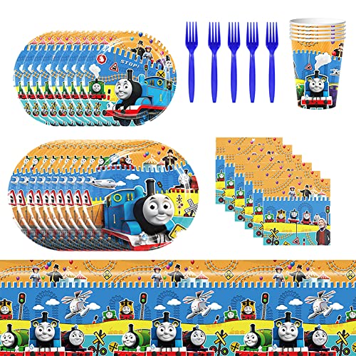 Hilloly 61 pcs Thomas Party Décorations Thomas Anniversaire Vaisselle Kit Trains Fournitures Plate Serviette en Papier Fourchette Tasse Nappe Meerestiere Thomas Vaisselle de Fête