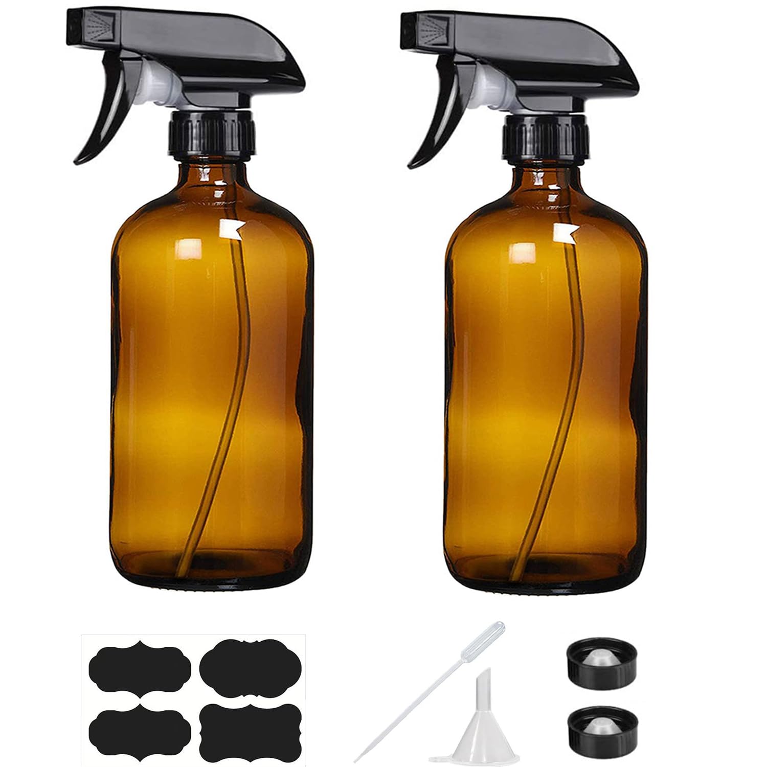 16 oz Amber Glass Spray Bottles - 2 Pack Refillable Empty Bottle for Cleaning Solutions, Essential Oils, Plants, Hair Mister - with Labels &Funnel, Dropper (16oz-2pack, Amber) 16oz-2pack Amber