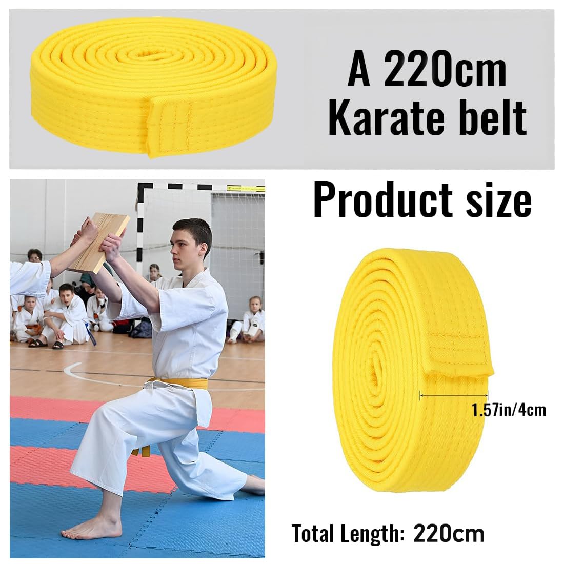 Cinturón amarillo de taekwondo, judo y karate (1 pieza, 220 cm) para niños y adultos, cinturón de artes marciales.