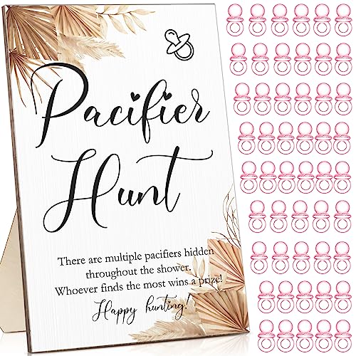 Roowest 51 Pcs Pacifier Hunt BabyShower Games Include Wooden Hunt Sign and 50 Acrylic Mini Plastic Pacifiers for BabyShower Game Decoration Gift Sets Gender Reveal Party