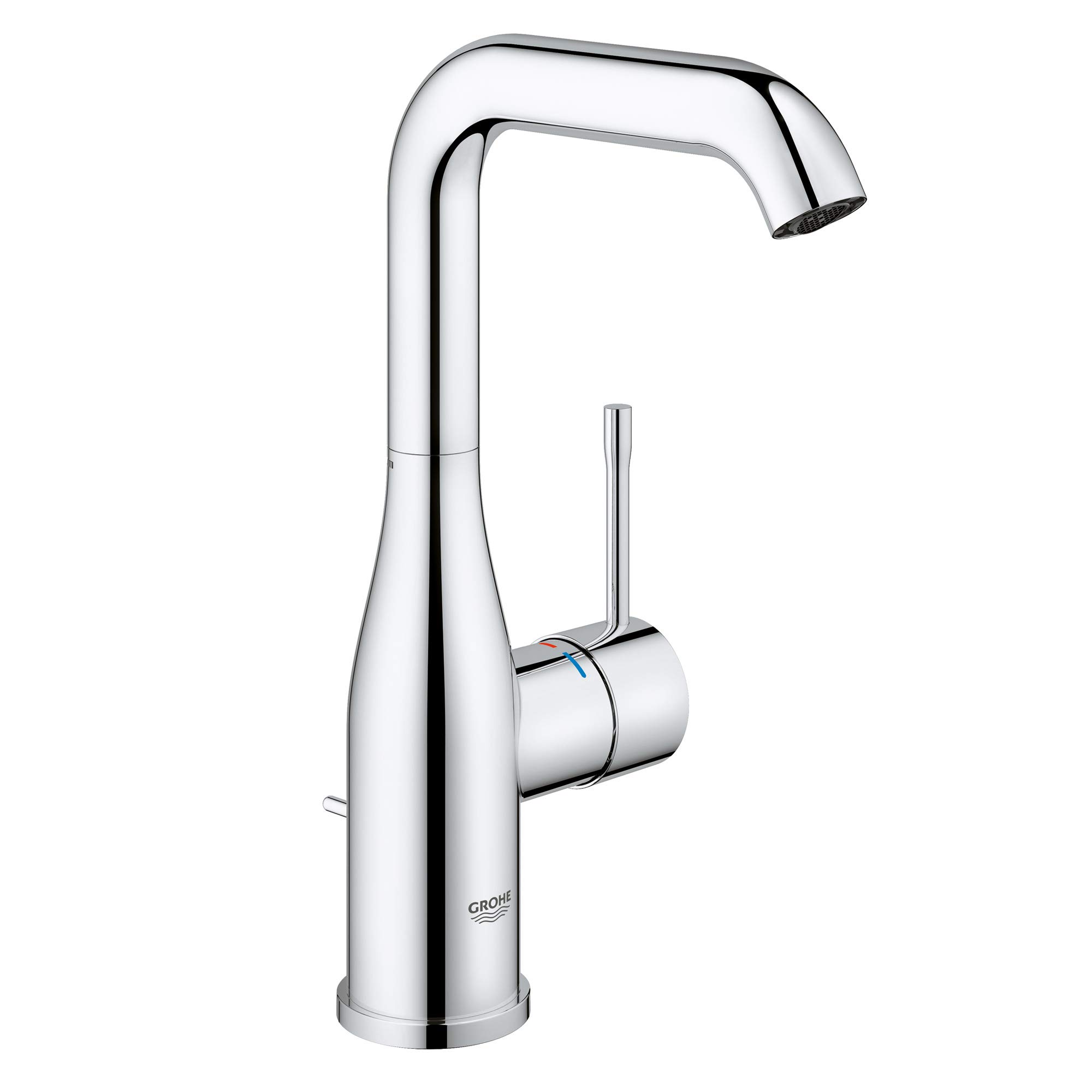 GROHE Essence, Waschtischarmatur hoch, wassersparend (Wasserhahn für das Bad, Badarmatur mit Zugstangen-Ablauf, 24cm hoch, langlebige Oberfläche, einfache Installation am Waschbecken), chrom, 32628001
