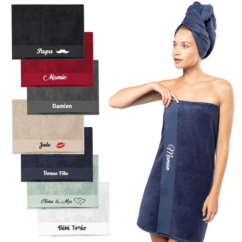 Serviette brodée bio personnalisable en coton 450g à motif au choix