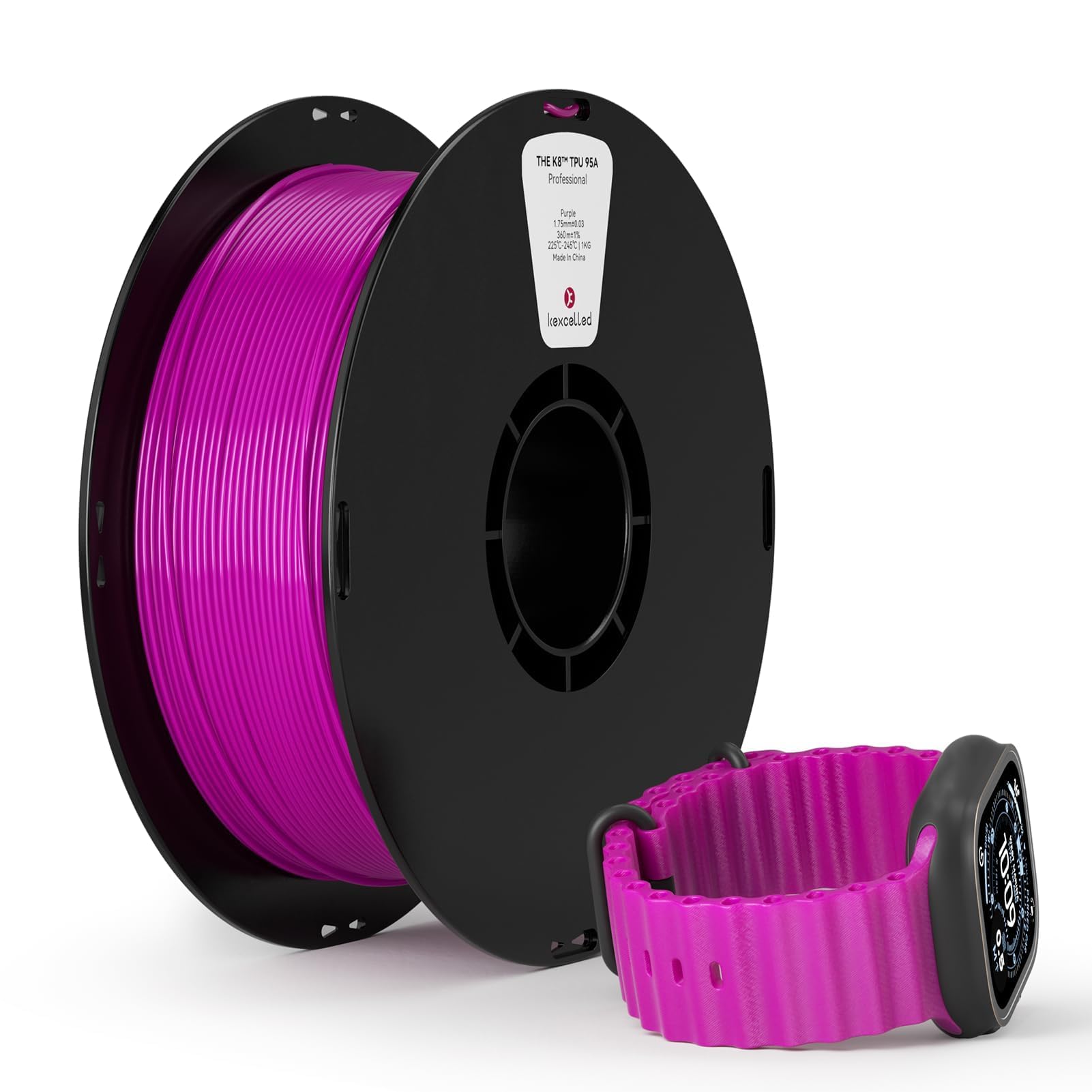 Kexcelled Filament d'impression 3D TPU K7, Shore 95A, flexible, +/- 0,05 mm, 1,75 mm, bobine de 1 kg (2,2 lb), enroulement soigné, sans nœuds, excellente élasticité Violet
