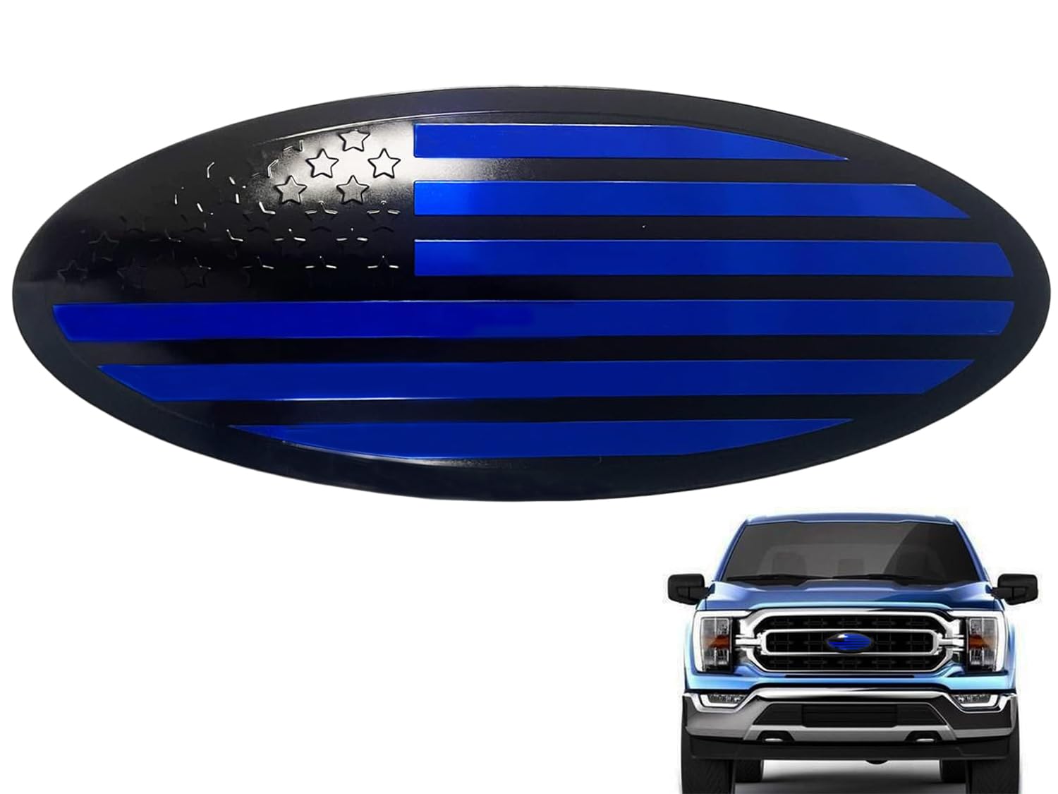 9.5 inch Overlay Emblem Front Grille Tailgate Rear Aluminum Oval American Black Flag Badge for Ford F150 2015 2016 2017 2018 2019 2020 2021(9.5 inch-Blue)