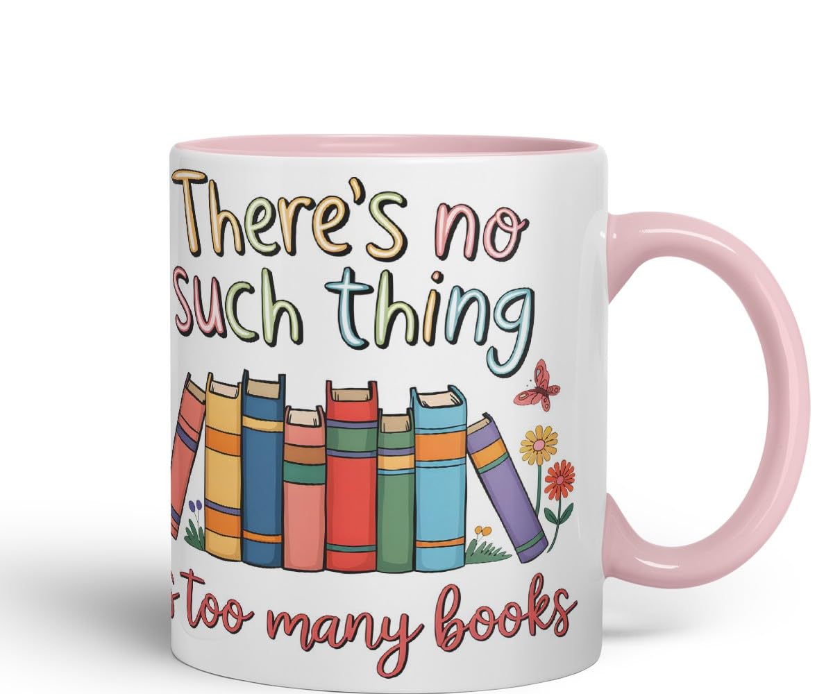 Vixar There's No Such Thing As Too Many Books (Pastel Version) Coloured Ceramic Mug Cup Gift, 11oz (Pink)