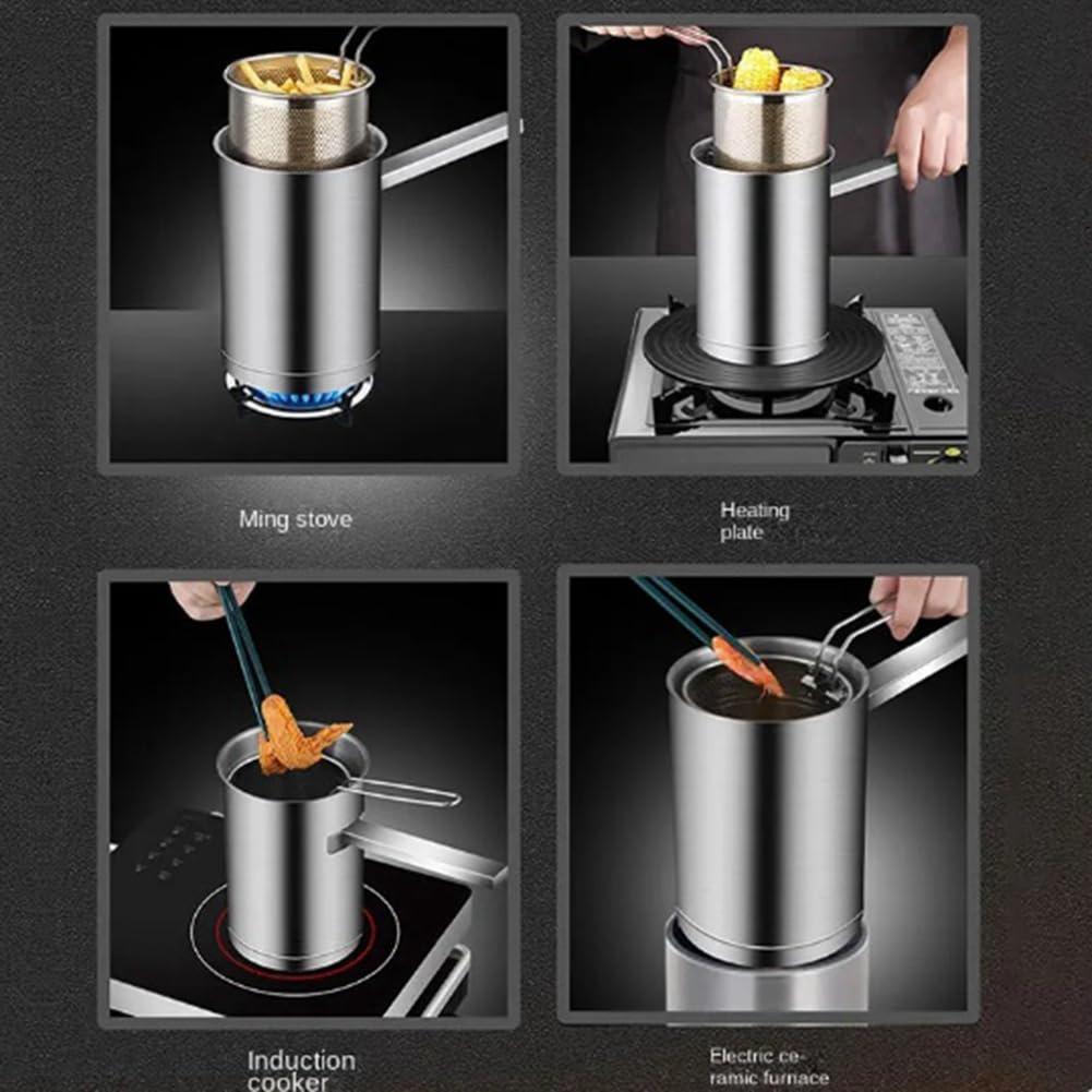 Freidora de acero inoxidable con cesta de drenaje, perfecta para alimentos fritos y cocinar, fácil de usar, duradera, esencial para cocineros caseros