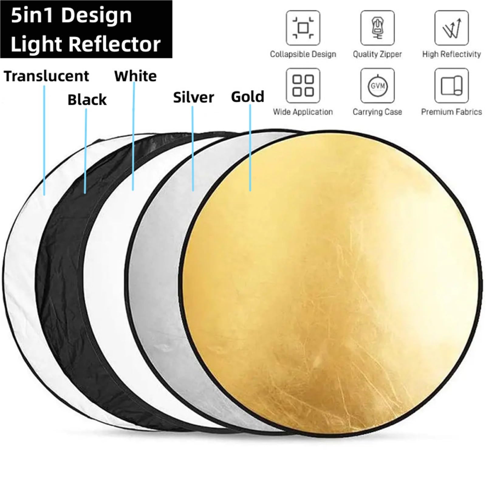 Reflector RF01 de 24 Pulgadas, 5 en 1, 30 cm, 60, 80 y 110, Plateado, Blanco Dorado, portátil, Plegable, luz, Redondo, for fotografía Estudio(5in1-60CM)