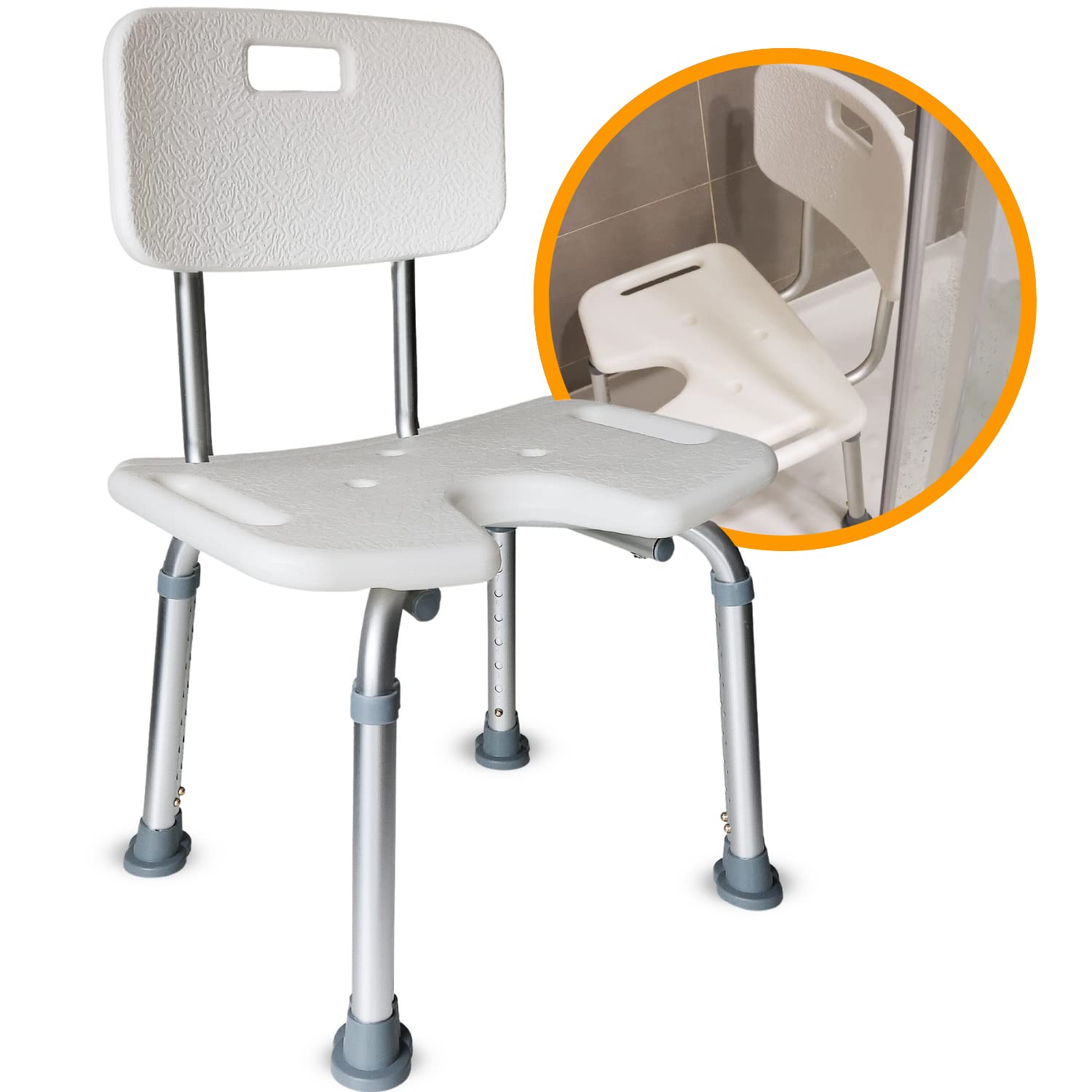 OrtoPrime Taburete Baño Ducha Forma de U Higiénico - Banqueta Baño Adultos - Silla para Ducha para Personas Mayores - Taburete Ducha para Mayores - Silla Ducha Mayores - Taburetes para Baño Confort
