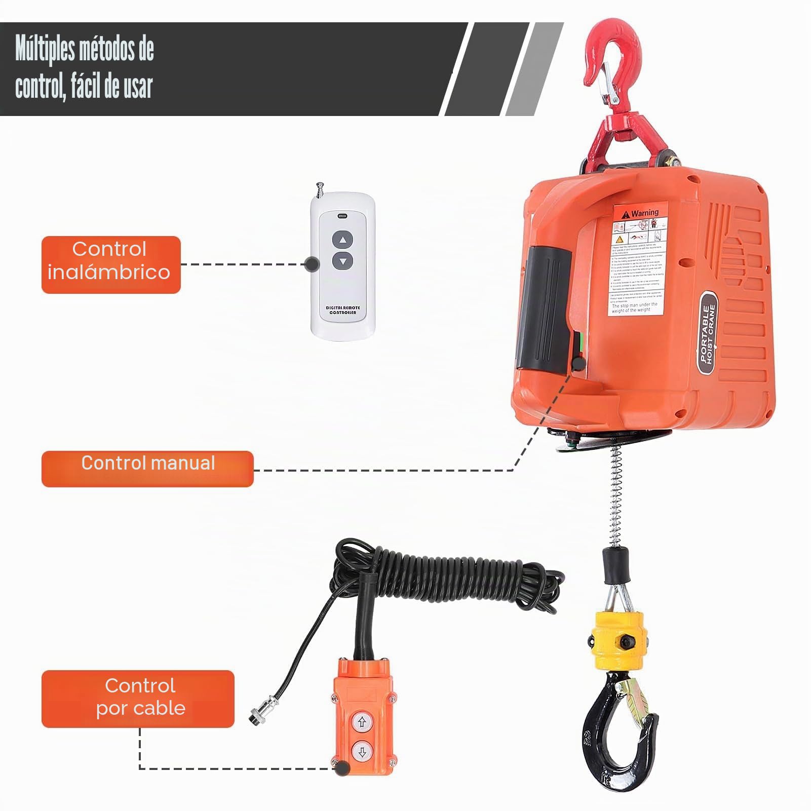 Polipasto Eléctrico de Cable con Control Remoto, 500 Kg de Capacidad, 7,6 M Altura de Elevación, 1500W, Cabrestante con Protección contra Sobrecarga