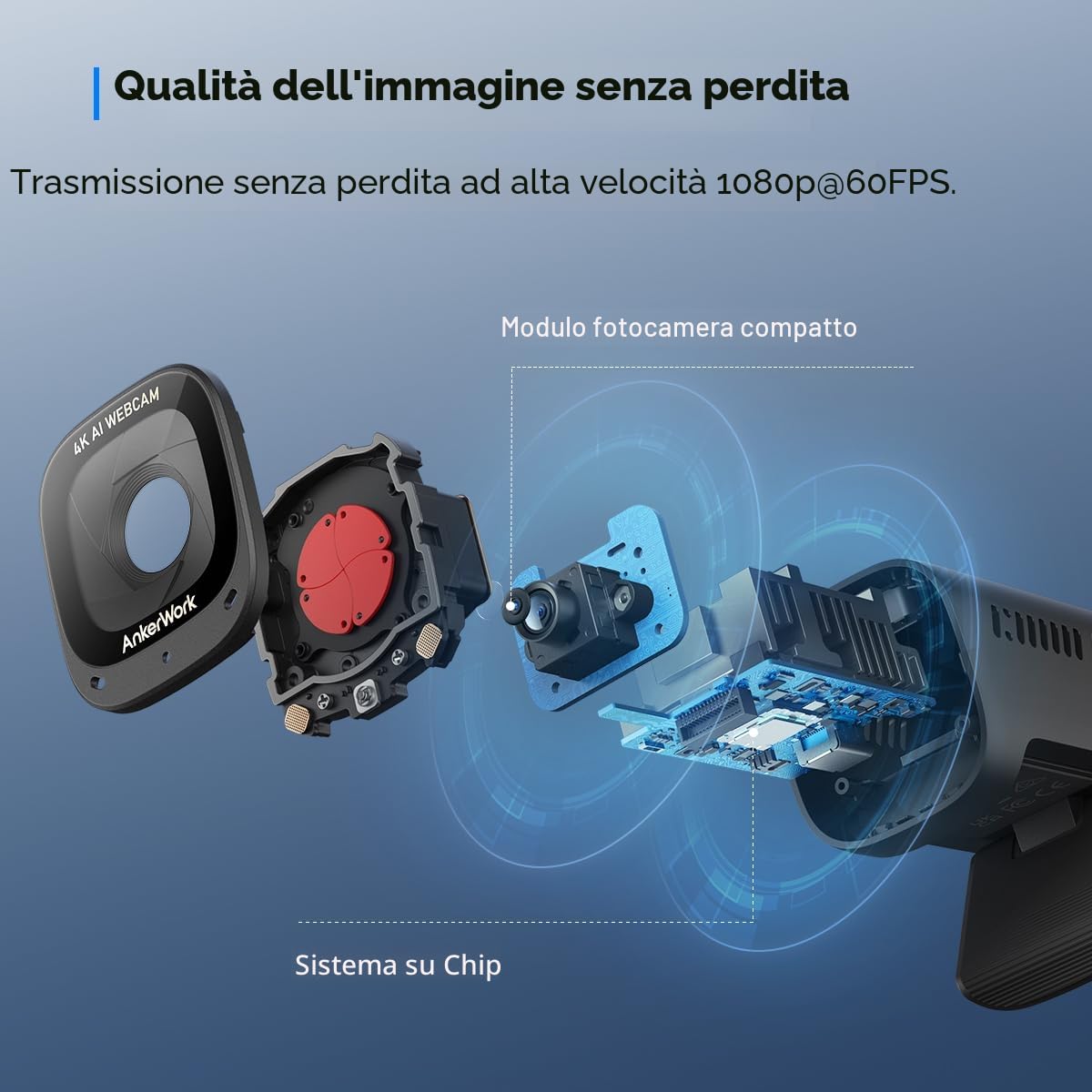 Anker Work C310 Webcam, 4K 12 MP, 1080p@60FPS HDR, foco automatico AI, fotogramma intelligente, microfono con cancellazione rumore AI, copertura dati e FOV regolabile