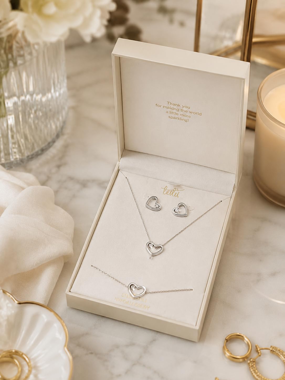 Schmuckset mit Herz Motiv, Ohrringe, Armband und Halskette, Verpackt in Box Edelstahl wasserfest