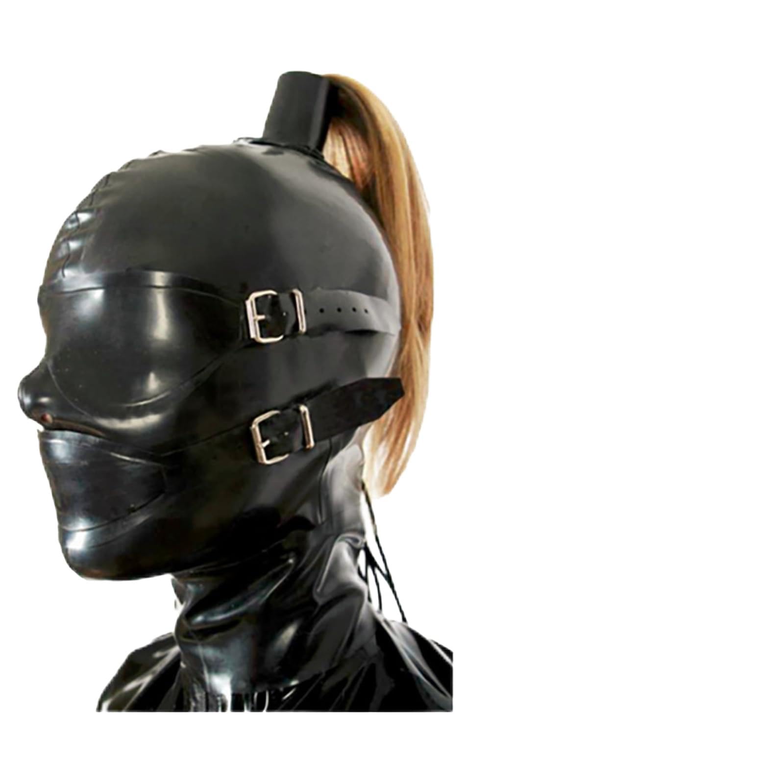 Cappuccio in lattice con toppa per gli occhi e tappo della bocca, maschera facciale del sesso con zip e treccia per BDSM, festa, Cosplay, vacanza