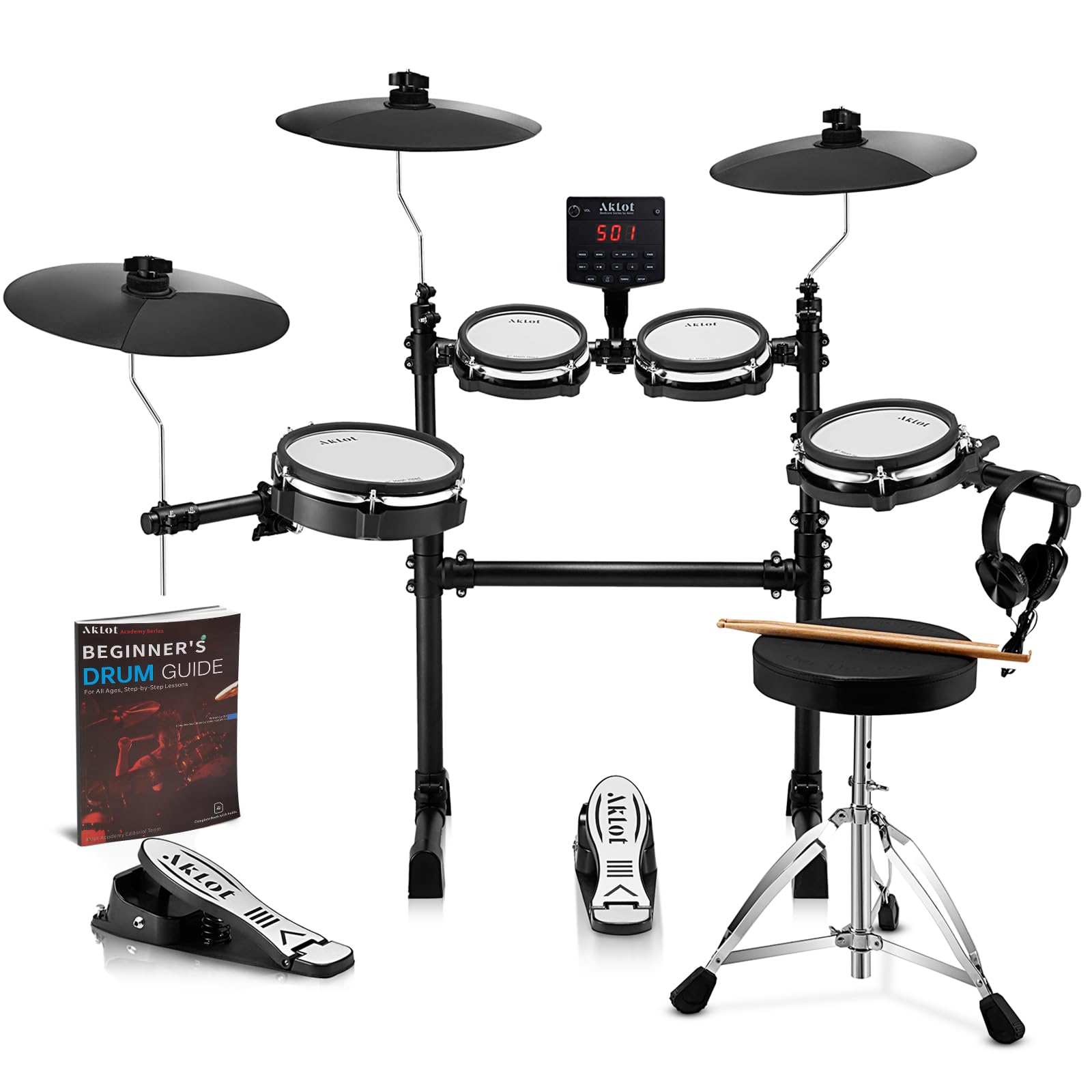 AKLOT B-CORE530 Electric Drum Set: Dual-Zone Quiet Mesh Drum Pads, 10’’ Dual-Trigger Cymbals, Height-Adjustable Rack, 360 Sounds, USB MIDI, Lesson Book, Throne, Sticks, Headphones